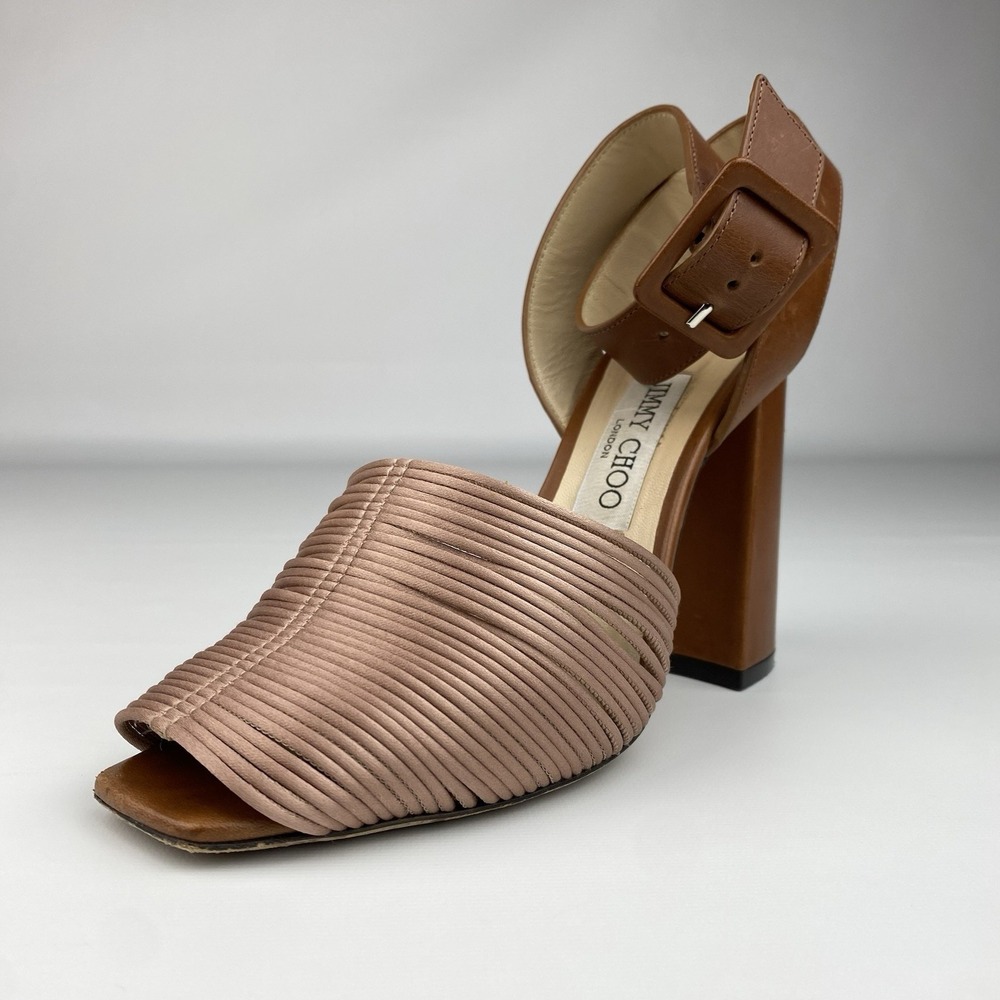 Jimmy Choo Baja 100 Heeled Sandal Womens 38 Brown Ankle Strap Block Square Toe